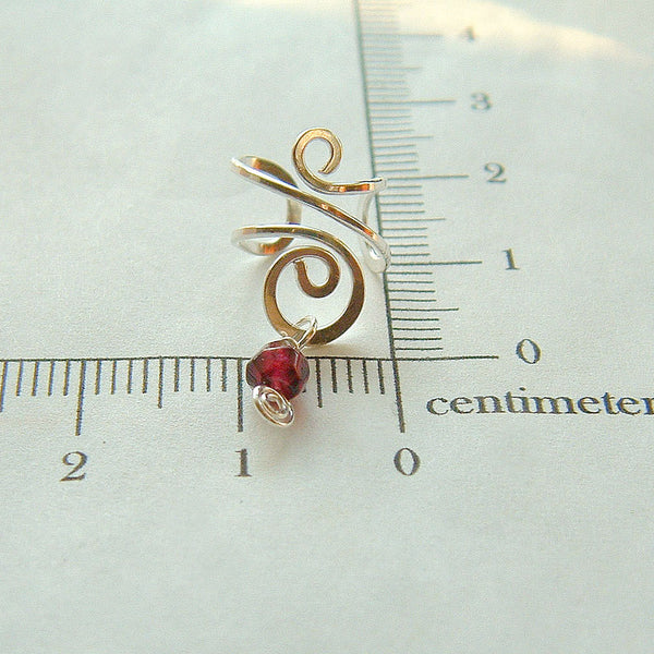 Silver Ear Cuff Swirl Garnet Earcuff Single