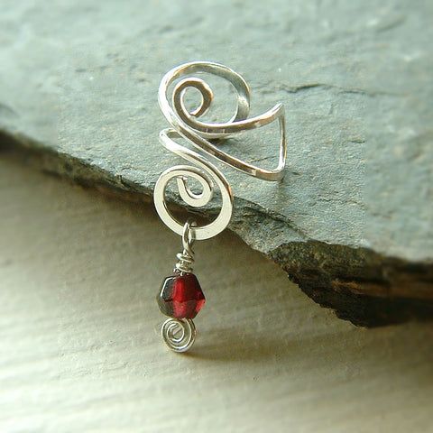 Silver Ear Cuff Swirl Garnet Earcuff Single