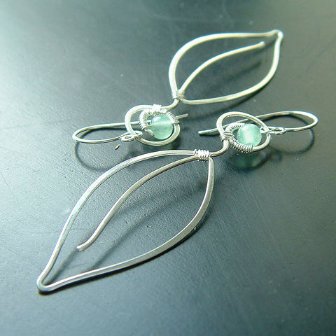 silver long leaf earrings