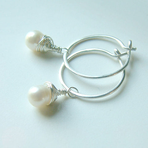 Silver Hoop Earrings Wire Wrap Pearl
