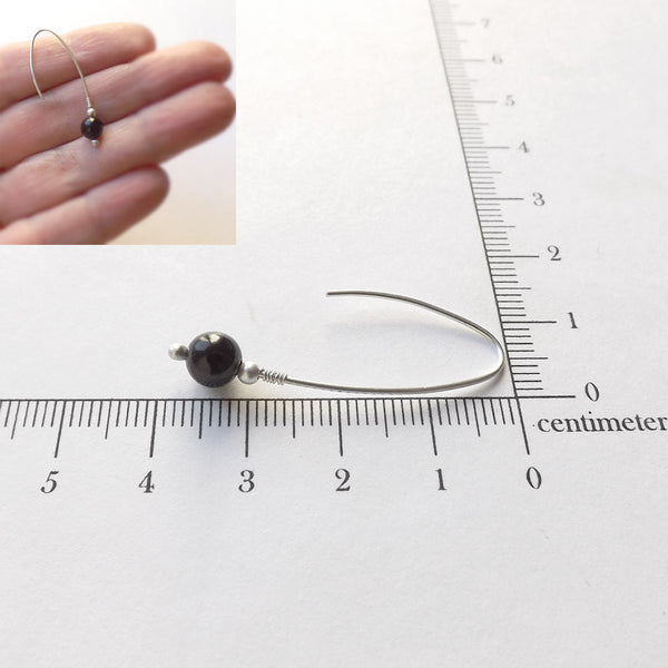 Silver Open Wishbone Hoop Earrings, Black Obsidian