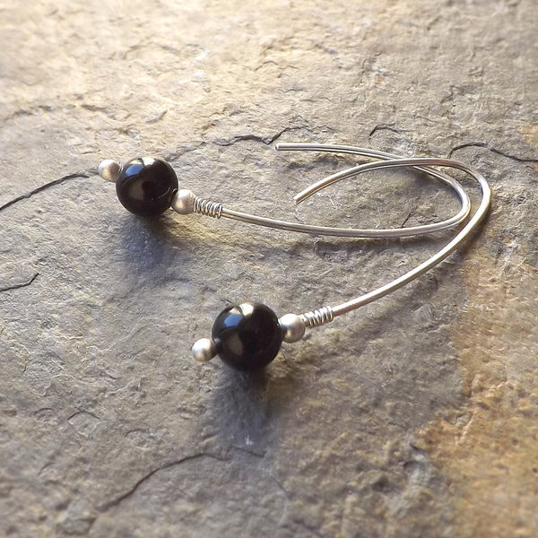 Silver Open Wishbone Hoop Earrings, Black Obsidian